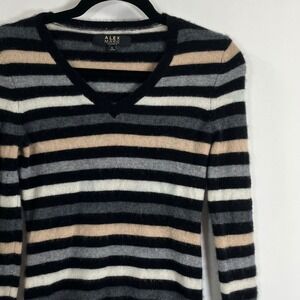 Alex Marie Cashmere Striped V Neck Sweater Womens Size S Black Beige Gray White